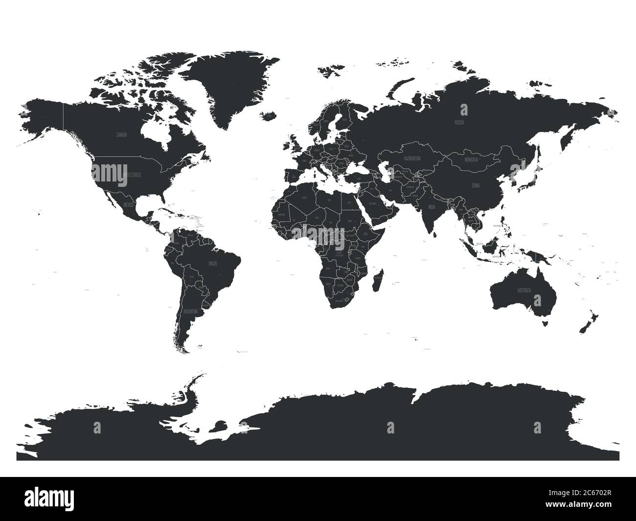 Mappa politica vettoriale del mondo con le città capitali. Illustrazione Vettoriale
