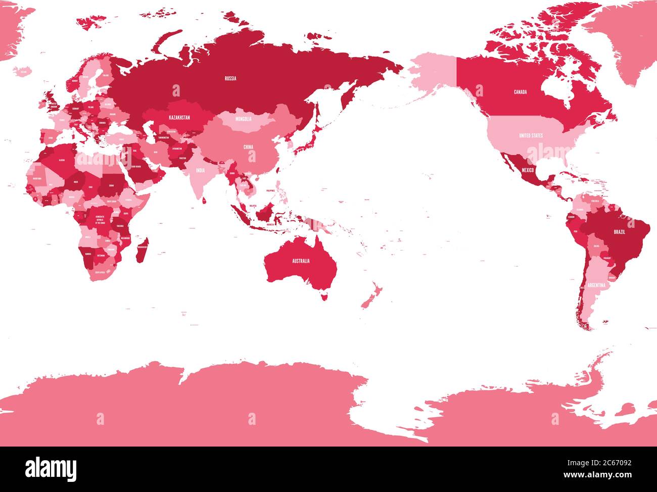 Mappa del mondo in quattro tonalità di marrone su sfondo bianco. Mappa politica con dettagli in alto centrata sul Pacifico. Illustrazione vettoriale con percorso composto etichettato di ciascun paese. Illustrazione Vettoriale