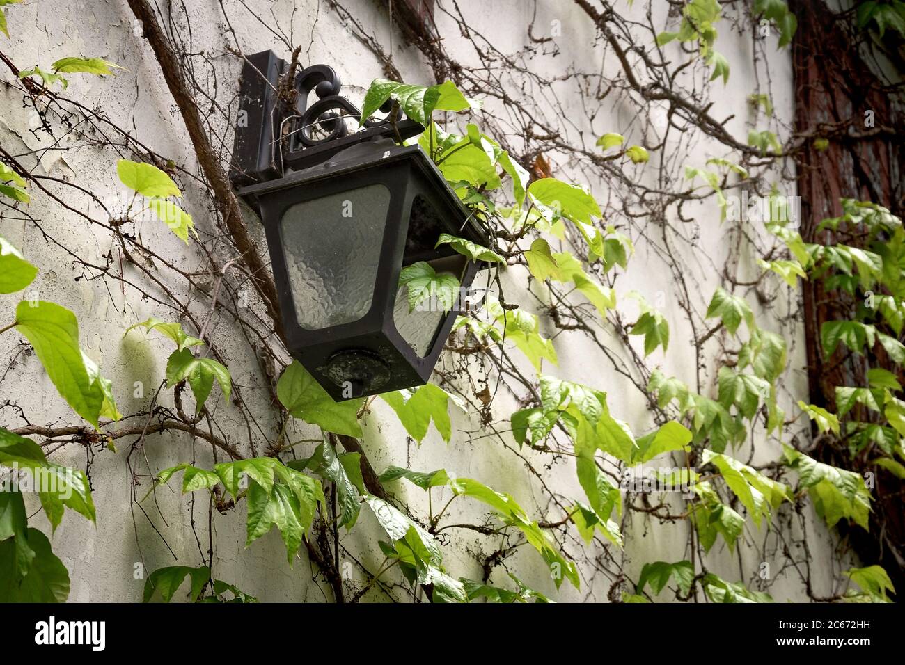 Vecchia lanterna appesa su un muro di pietra. Antica lampada retrò appesa su casa esterna. Grunge rotto fonte di luce mobili carta da parati con spazio copia. Scena w Foto Stock