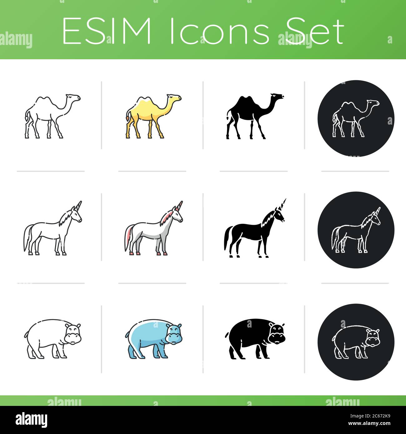 Set di icone animali reali e fantasy. Stili di colore lineare, nero e RGB. Fauna esotica. Diversi mammiferi erbivori. Ippopotamo esotico, due gobbi ca Illustrazione Vettoriale