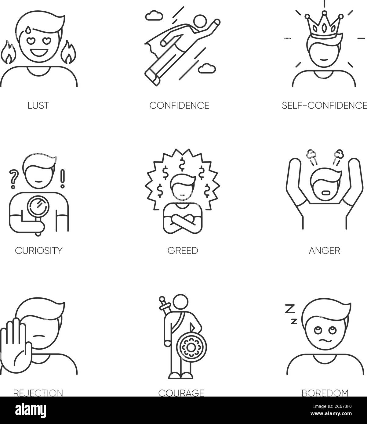 Set di icone lineari perfette per le emozioni umane. Diversi stati psicologici ed emozioni negative simboli personalizzabili di contorno a linee sottili. Isolato v Illustrazione Vettoriale