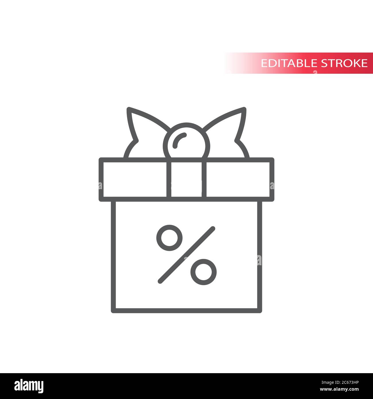Confezione regalo con nastro e icona della linea di segno percentuale. Simbolo del pacco sconto, contorno, tratto modificabile. Illustrazione Vettoriale