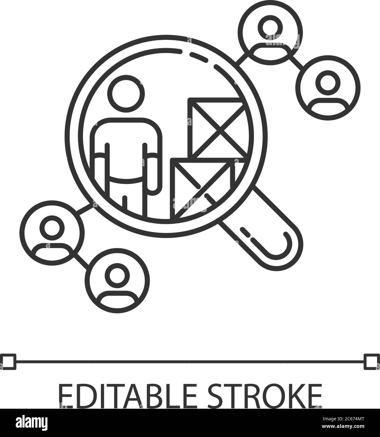 Icona pixel Perfect Linear per la selezione del fornitore. Rete di distribuzione della produzione, illustrazione personalizzabile della linea sottile della logistica. Simbolo del contorno. iso vettore Illustrazione Vettoriale