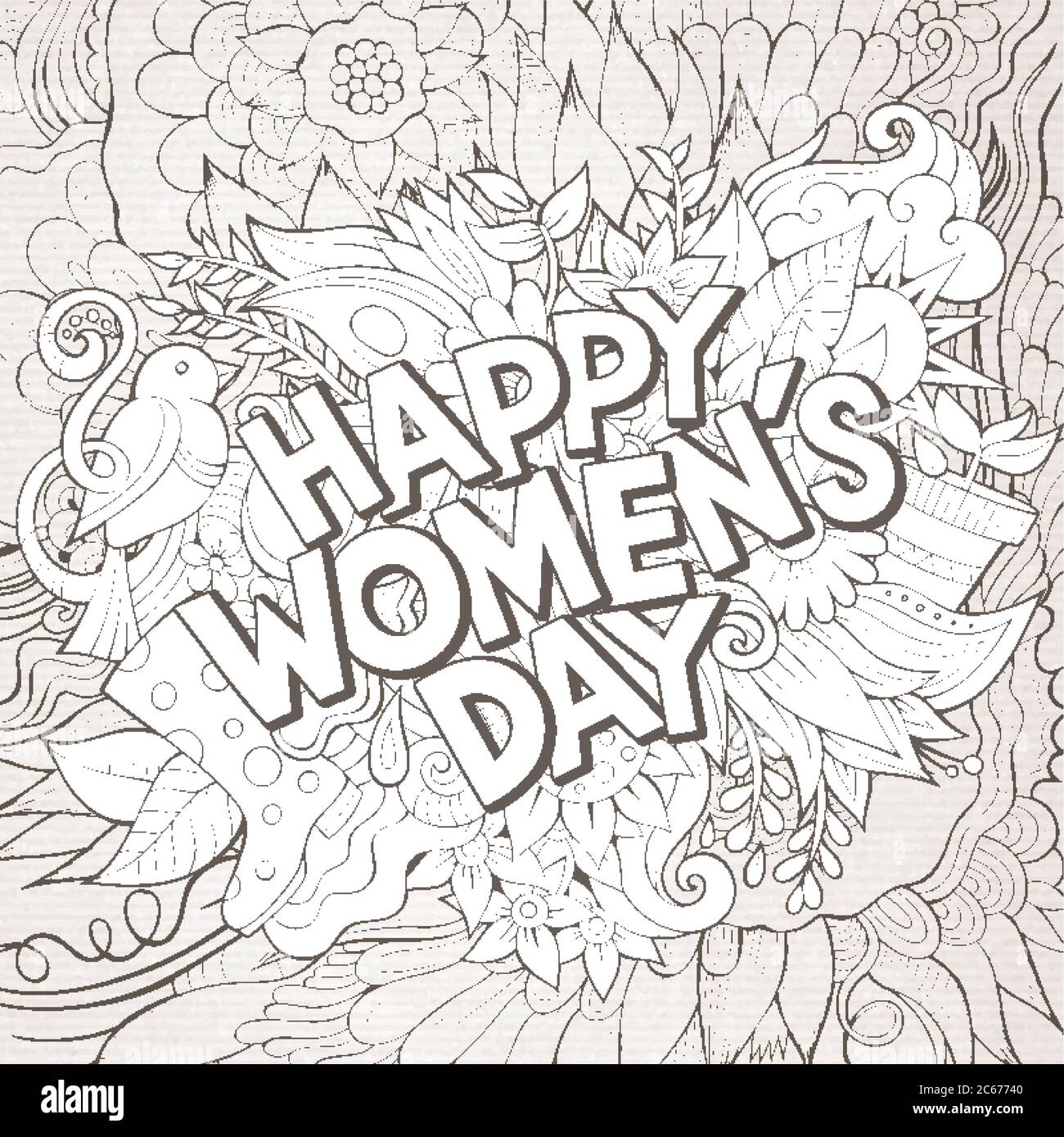 Cartoon carino doodles mano disegnata felice Womens Day iscrizione Illustrazione Vettoriale