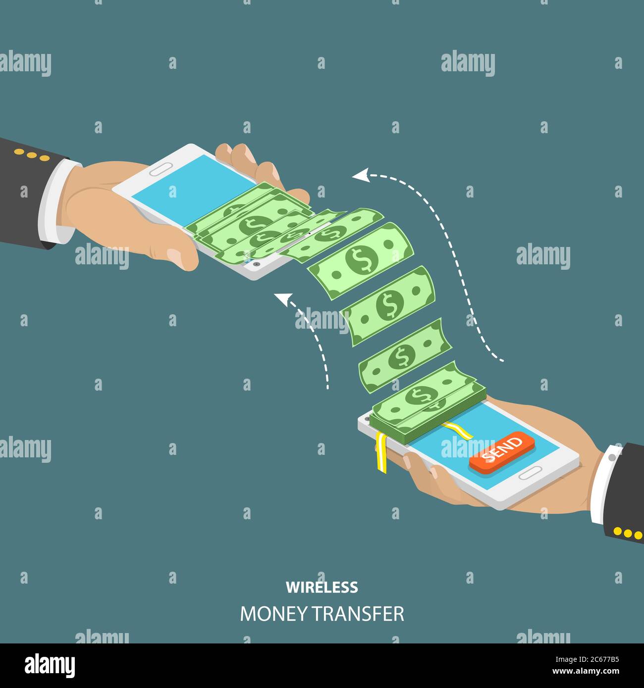 Illustrazione vettoriale isometrica del trasferimento di denaro wireless. Illustrazione Vettoriale