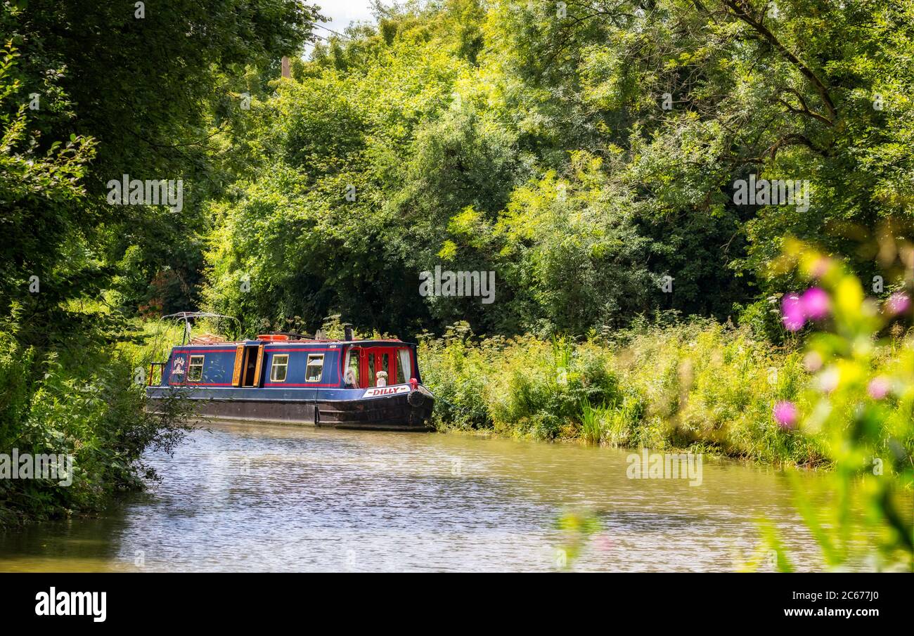 Chiatta colorata ormeggiata in un ambiente tranquillo sul Kennet e Avon Canal nel Wiltshire, Regno Unito, il 2 luglio 2020 Foto Stock