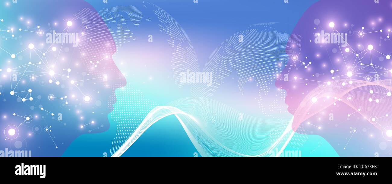 Intelligenza artificiale e concetto di vettore di apprendimento automatico in rete neurale. Ai Web Banner Design con il volto umano. Comunicazione flusso onda. Digitale Illustrazione Vettoriale