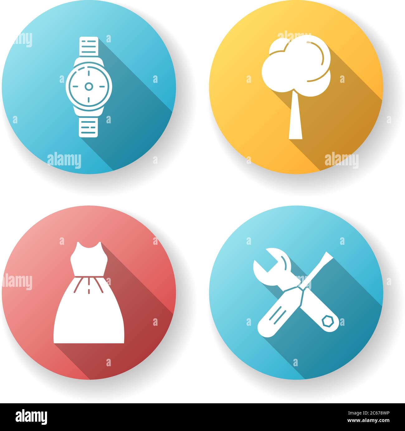 Prodotti maschili e femminili design piatto set di icone glifo a ombra lunga. Orologio a mano per uomo. Pianta per giardinaggio. Attrezzi per la riparazione. Crescita di albero. Strumenti Illustrazione Vettoriale