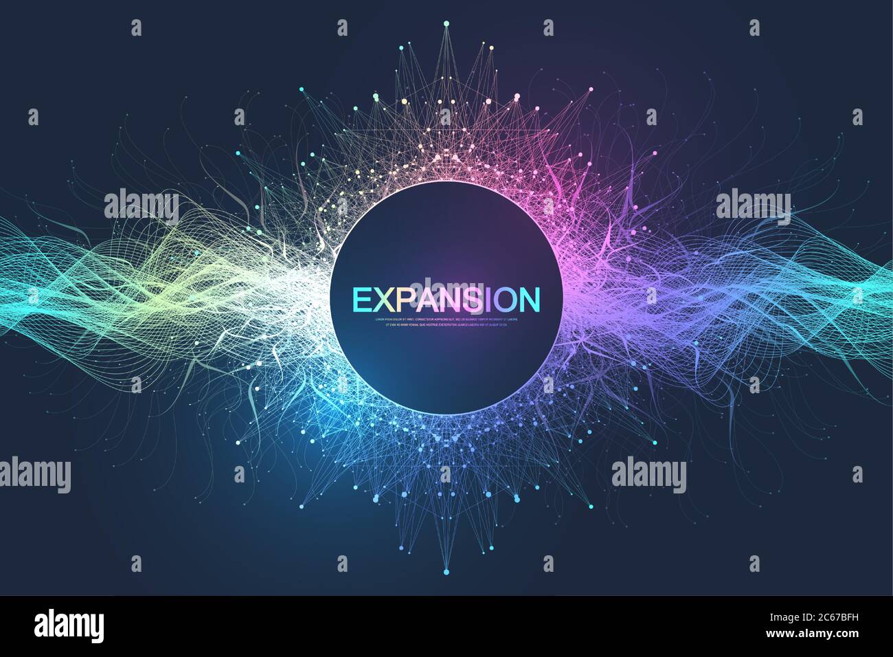 Sfondo colorato di esplosione con linee e punti collegati, flusso d'onda. Visualizzazione espansione della vita. Esplosione astratta di sfondo grafico, movimento Illustrazione Vettoriale