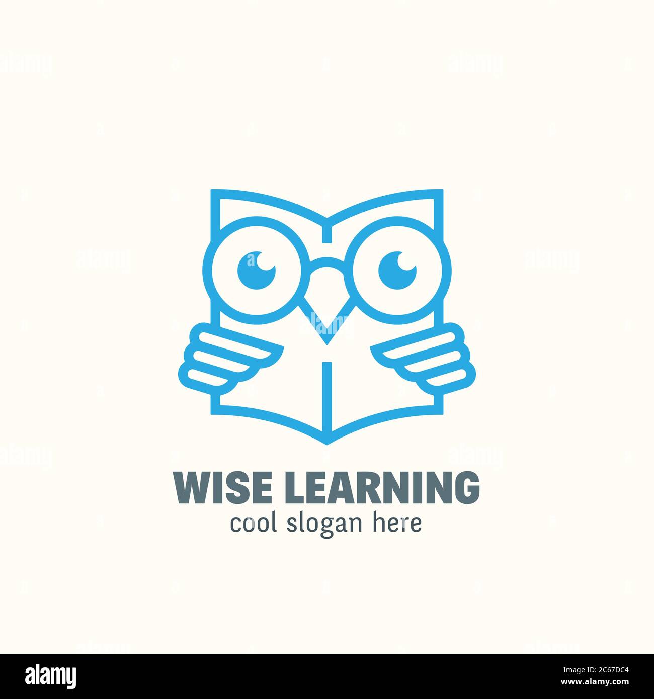 Modello di logo vettoriale astratto Smart Education stile linea. Emblema di apprendimento. Delineare il concetto di libro di lettura di Owl saggio con la tipografia. Illustrazione Vettoriale