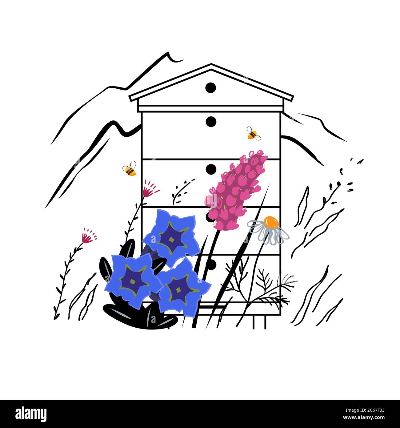 Illustrazione dello schizzo vettoriale dei fiori di montagna. Concetto di miele di prato alpino con alveare in estate. Concetto di Apiary. Fiori bellissimi e api affollati . Illustrazione Vettoriale