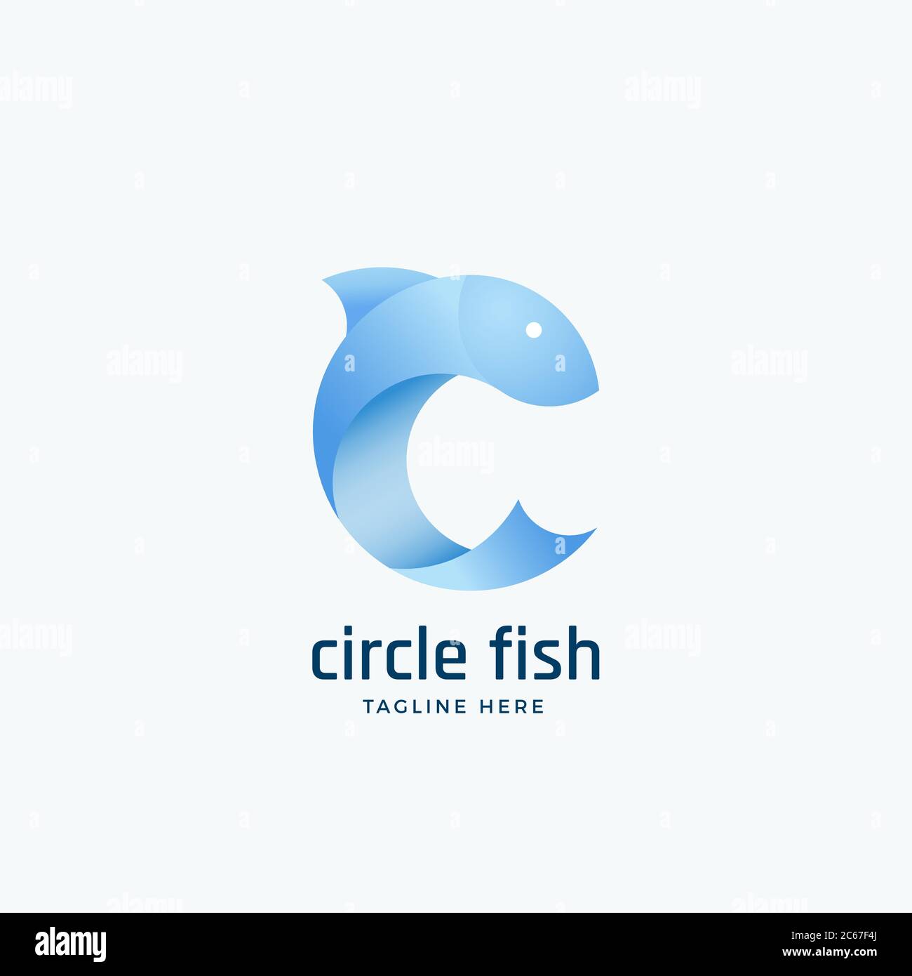 Simbolo vettoriale, emblema o modello logo per la funzione di astrazione dei pesci circolari. Silhouette in forma di lettera C. colore sfumato chiaro blu chiaro. Illustrazione Vettoriale