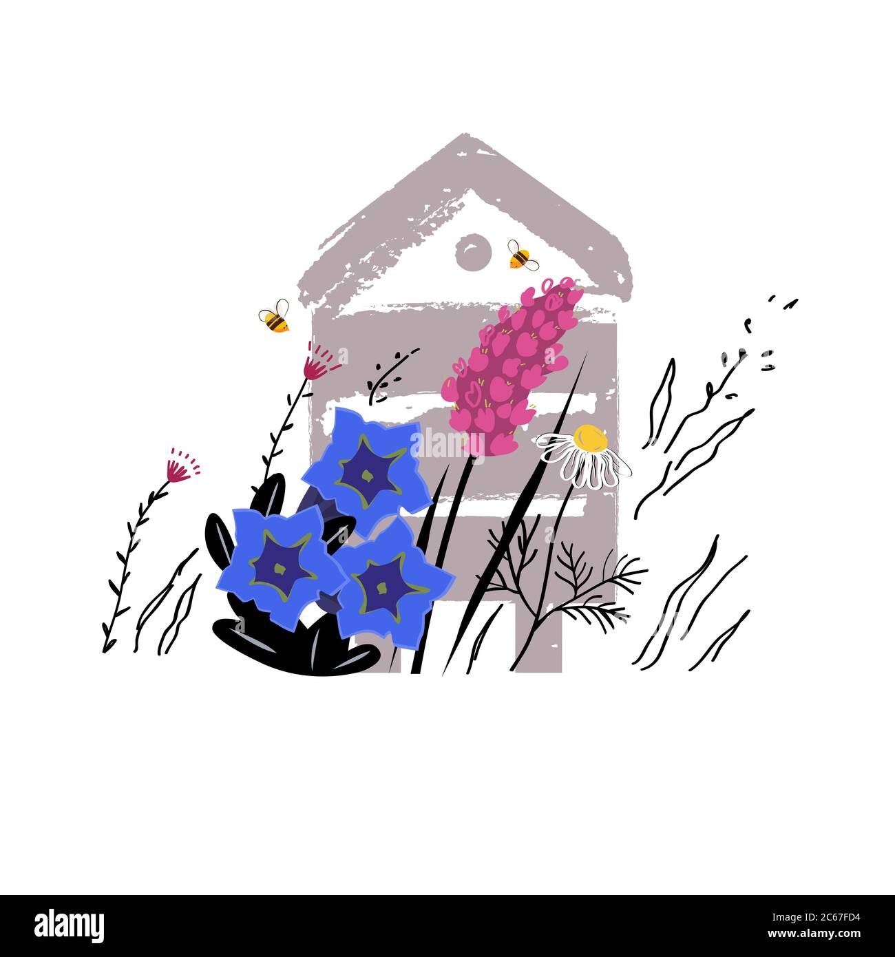 Illustrazione dello schizzo vettoriale dei fiori di montagna. Concetto di miele di prato alpino con alveare in estate. Concetto di Apiary. Fiori bellissimi e api affollati . Illustrazione Vettoriale