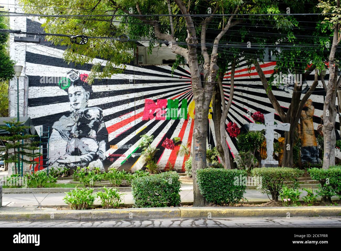 Arte di strada con un dipinto di Frida Kahlo a Città del Messico Foto Stock