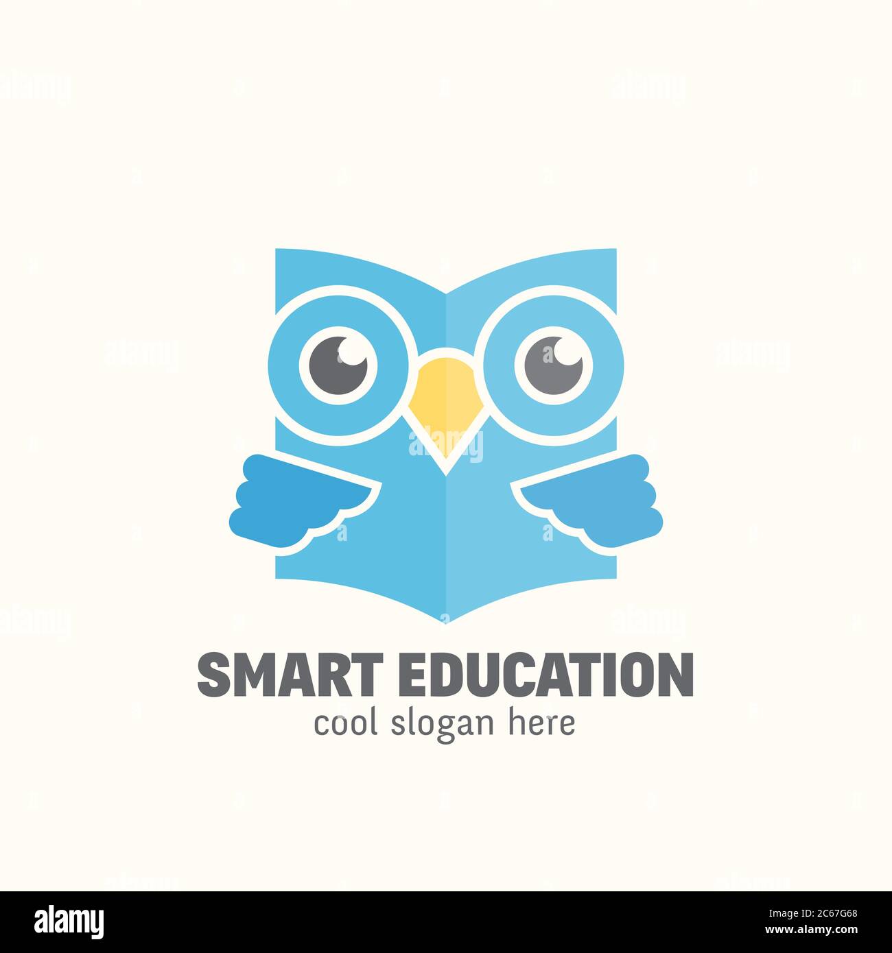 Modello di logo vettoriale Smart Education Abstract. Emblema di apprendimento. Libro di lettura di stile piatto Wise Owl con tipografia. Illustrazione Vettoriale