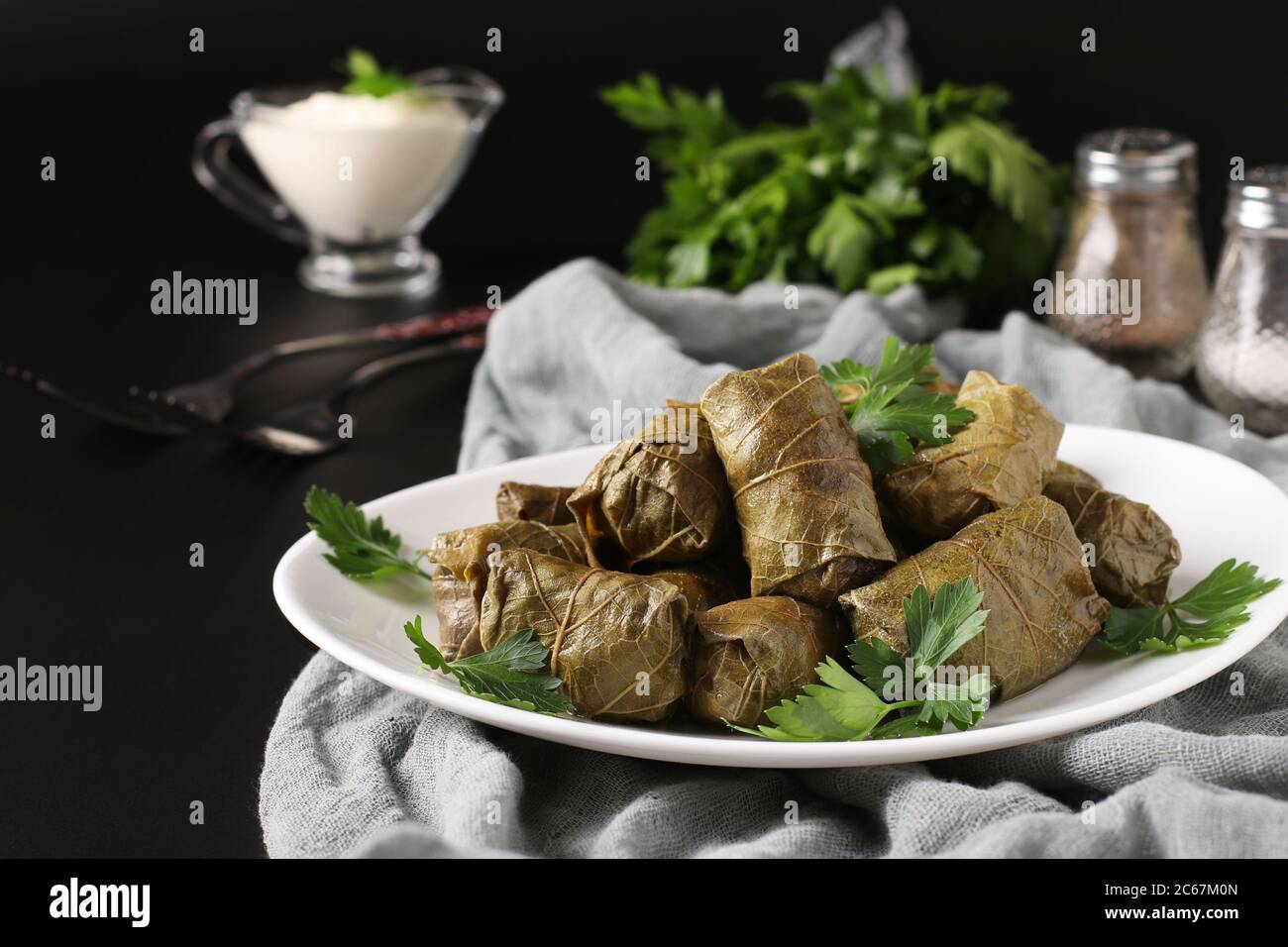 Dolma - foglie di uva farcite con riso e carne su fondo nero. Cucina tradizionale caucasica, greca, ottomana e turca Foto Stock