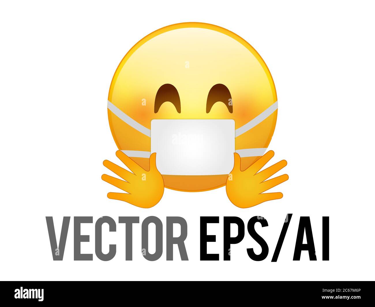 L'icona del volto sorridente giallo vettore isolato con guancia rossa, mani e maschera che abbracciano Illustrazione Vettoriale