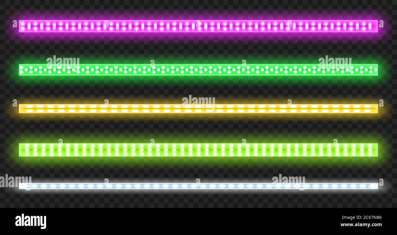 Strisce LED con effetto al neon isolato su sfondo trasparente. Serie  vettoriale realistica di strisce luminose colorate, nastro luminoso con  lampade rosa, verde, gialla e bianca e bulbe a diodi Immagine e