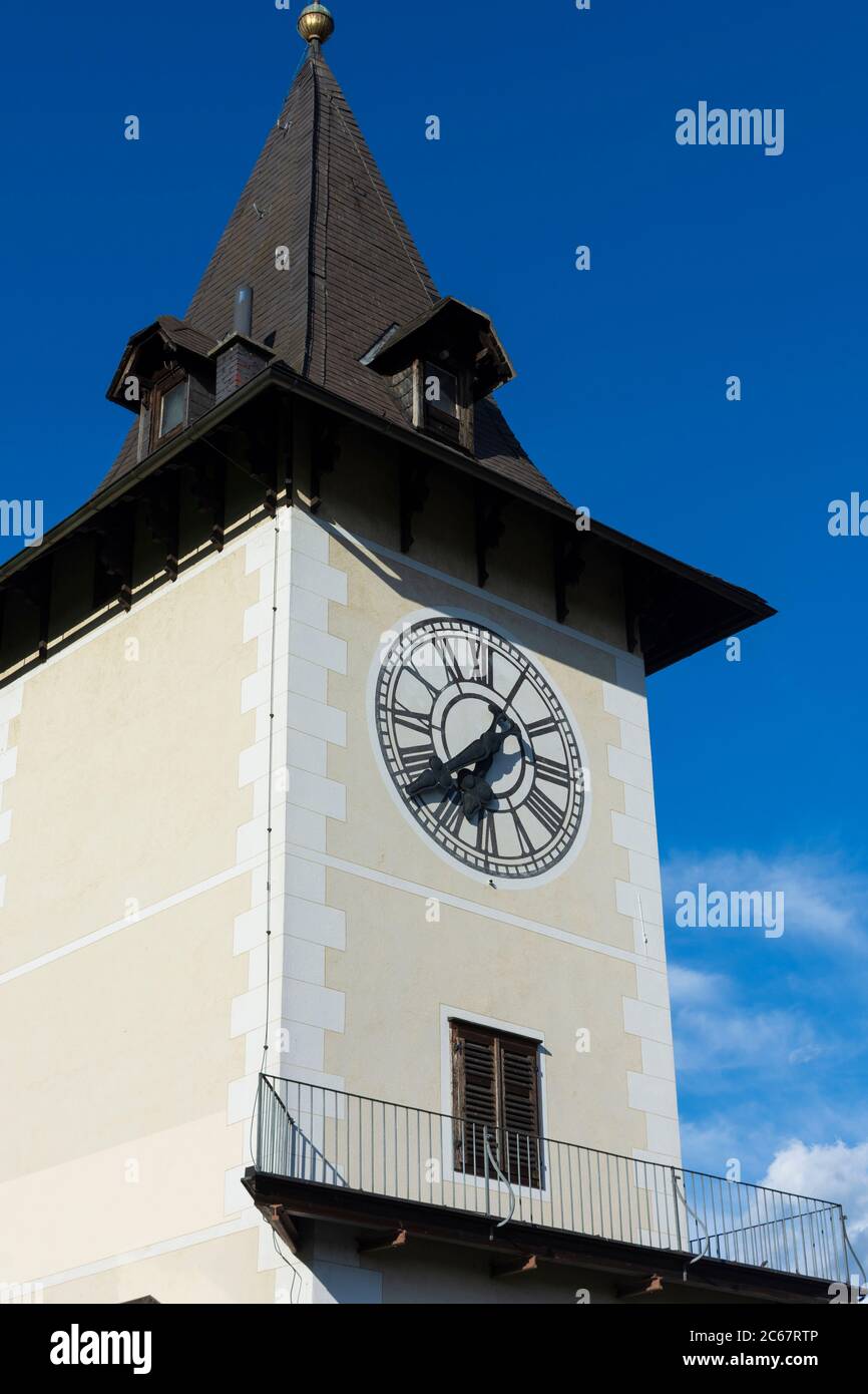 Bruck an der Mur: Uhrturm (torre dell'orologio) sullo Schlossberg a Murau-Murtal, Steiermark, Stiria, Austria Foto Stock