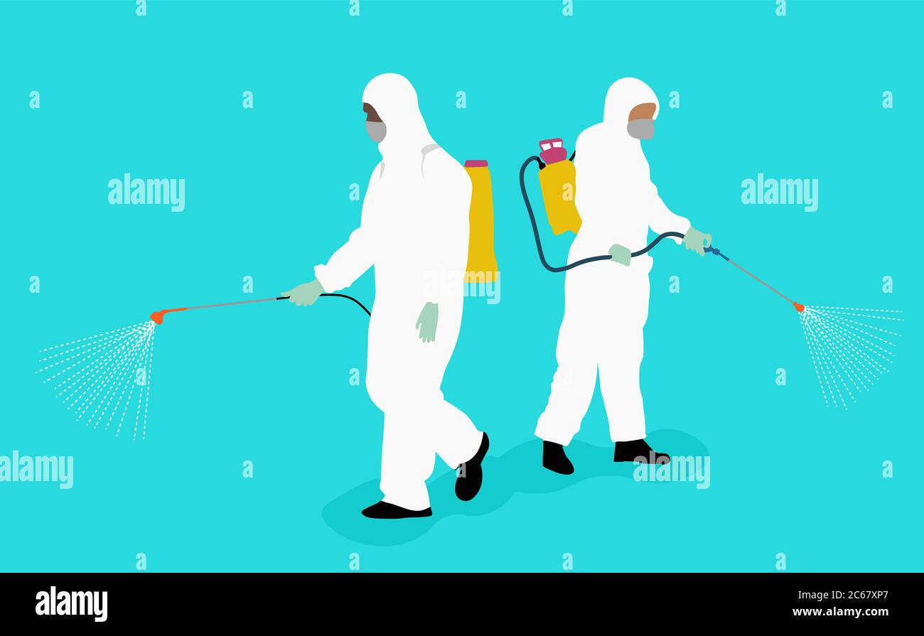 Illustrazione vettoriale. Uomo in tuta protettiva disinfettante spray. Poster della Giornata internazionale degli infermieri che mostra un team di operatori sanitari al tempo di Illustrazione Vettoriale