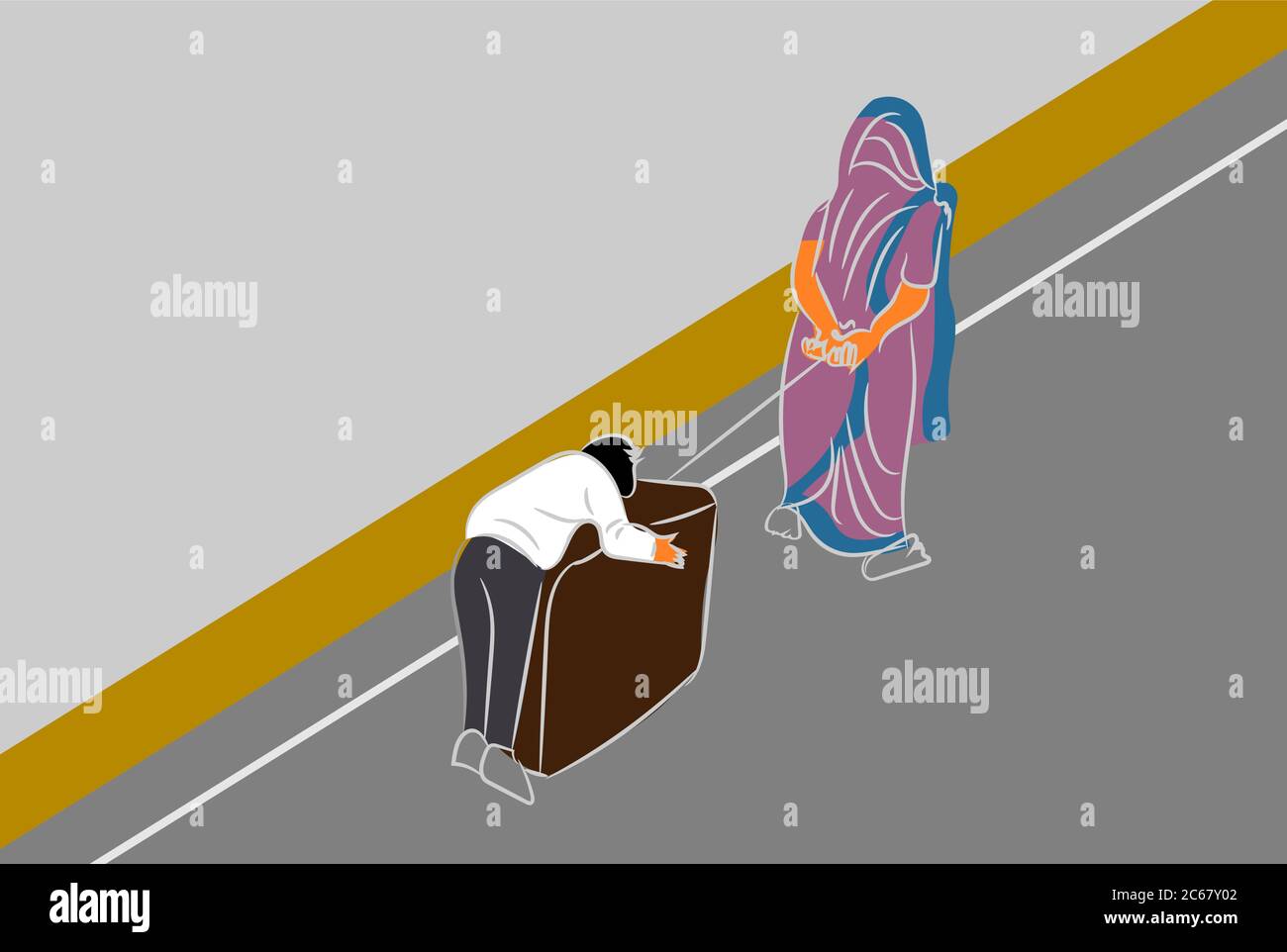 Una donna migrante ruota suo figlio che dorme sulla valigia durante il blocco in india illustrazione vettoriale Illustrazione Vettoriale