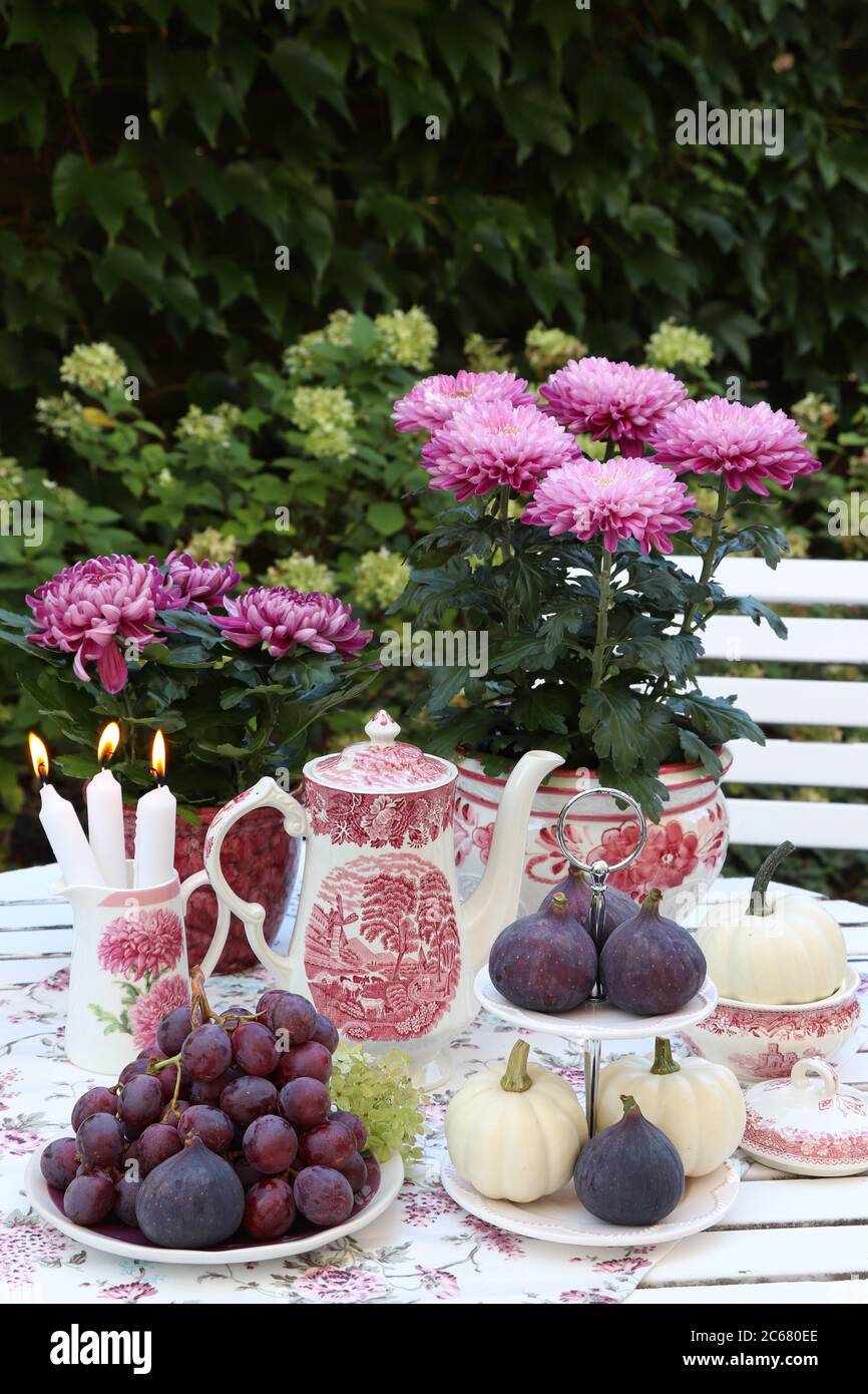 decorazione da tavola con uva, fichi, zucche bianche e fiori d'autunno Foto Stock