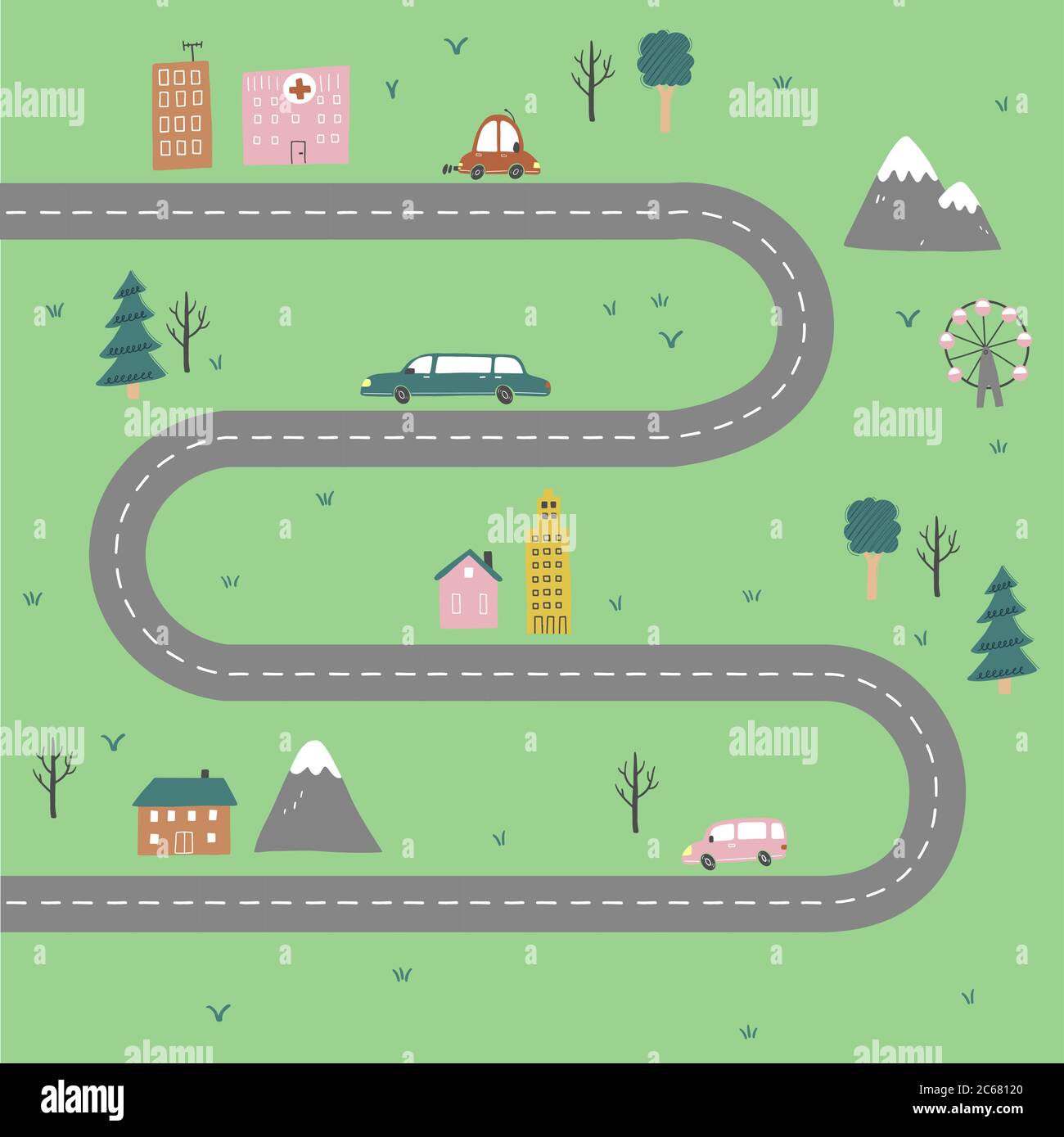 Cartoon cute mappa per bambini con auto, strada, città elementi paesaggistici. Auto, costruzione, strada di disegno a mano, stile giocattolo per bambini. Illustrazione vettoriale. Illustrazione Vettoriale