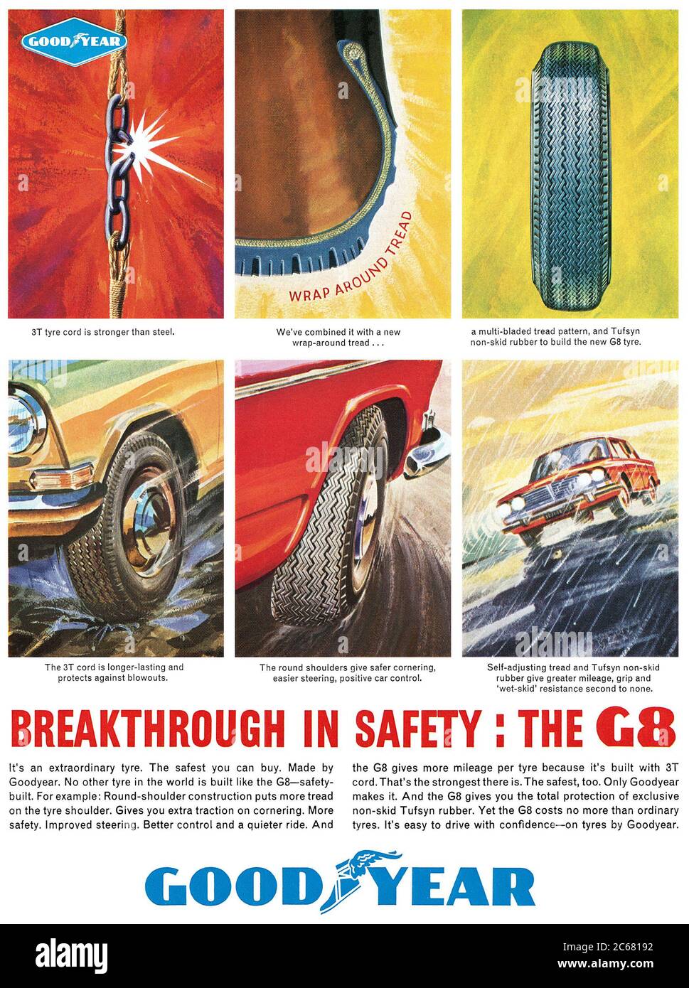1965 Pubblicità britannica per pneumatici Goodyear. Foto Stock