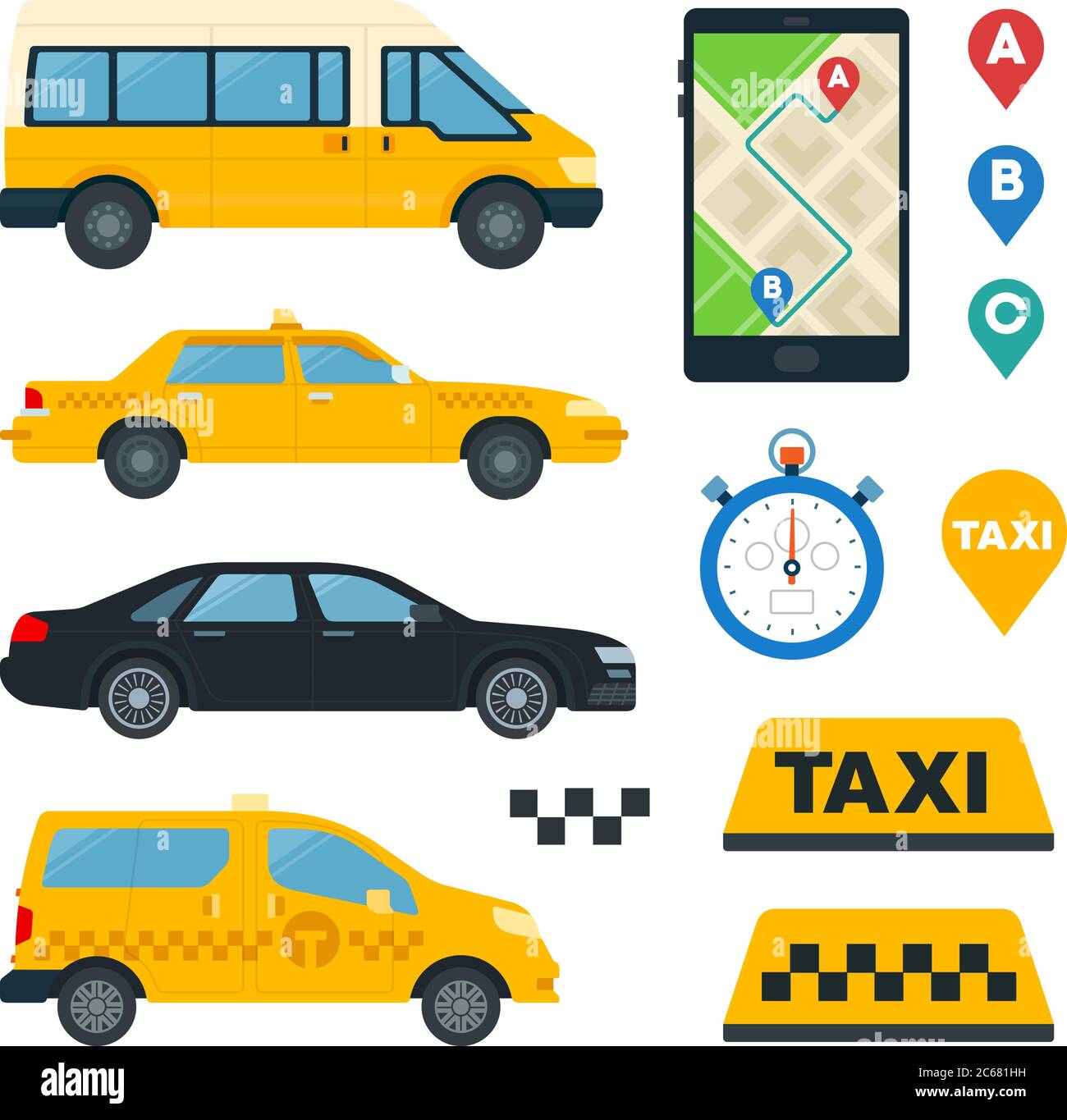 Set di Business e Yellow Taxi flat vettoriale illustrazione. Illustrazione Vettoriale