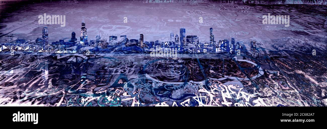 Graffiti con skyline della città, Chicago, Illinois, Stati Uniti Foto Stock