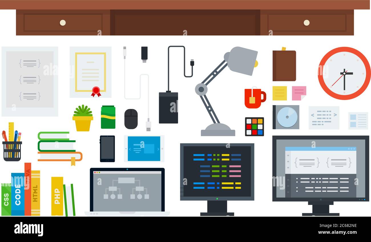Set di icone dell'area di lavoro di programmazione vettore piatto Illustrazione Vettoriale