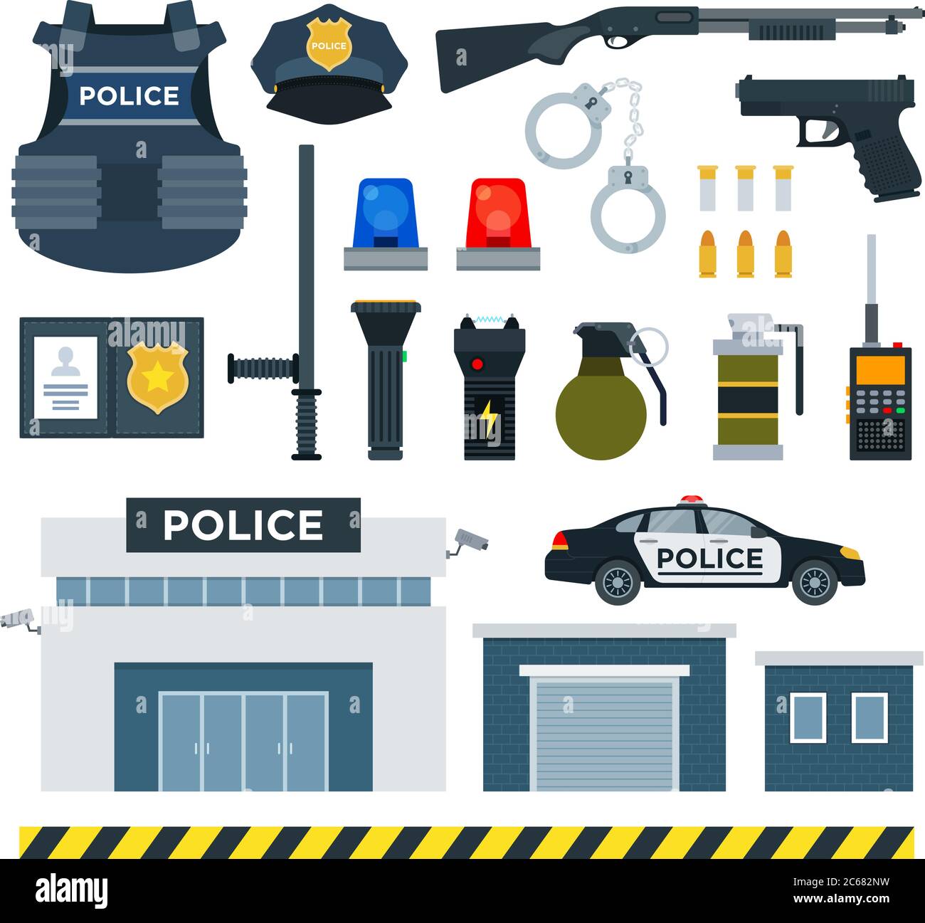 Set di illustrazioni vettoriali piatte di Police Tools. Illustrazione Vettoriale