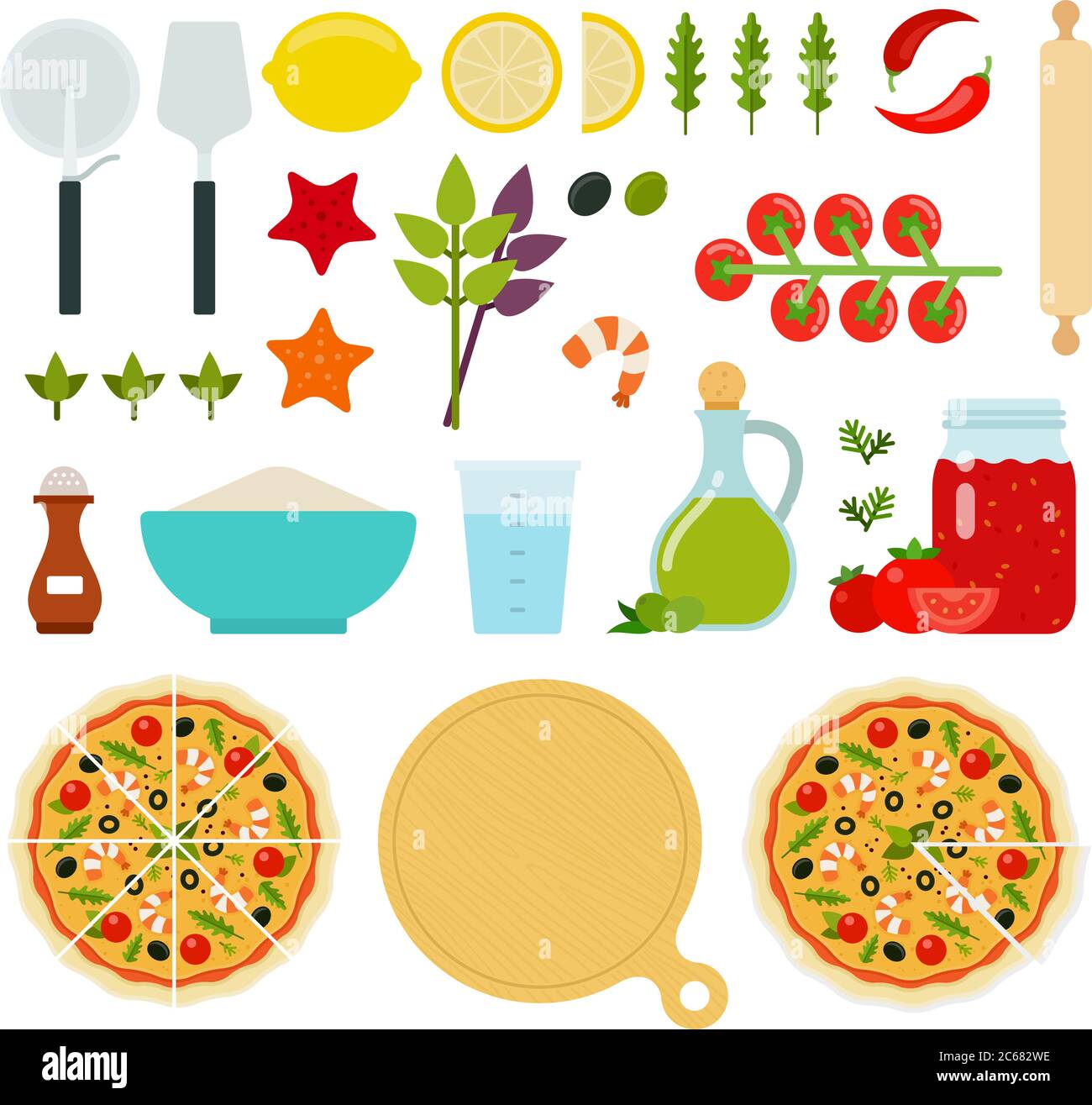 Set di icone di pesce Pizza vettore piatto Illustrazione Vettoriale