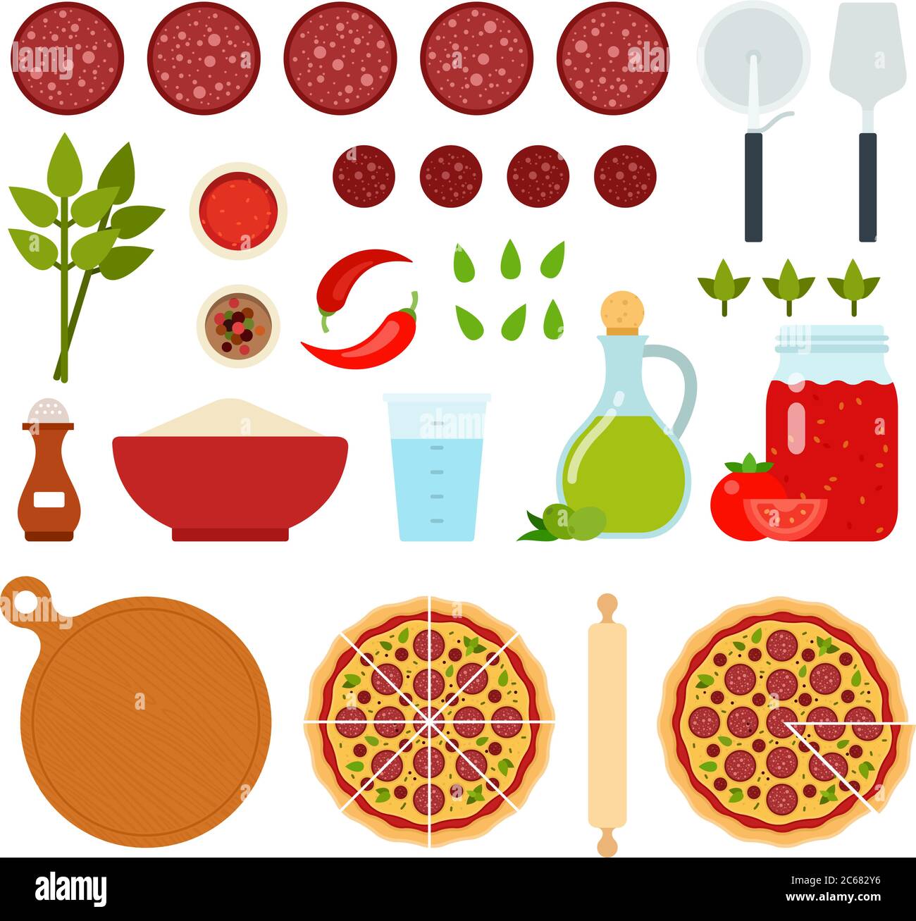 Set di Pepperoni Pizza icone vettore piatto Illustrazione Vettoriale