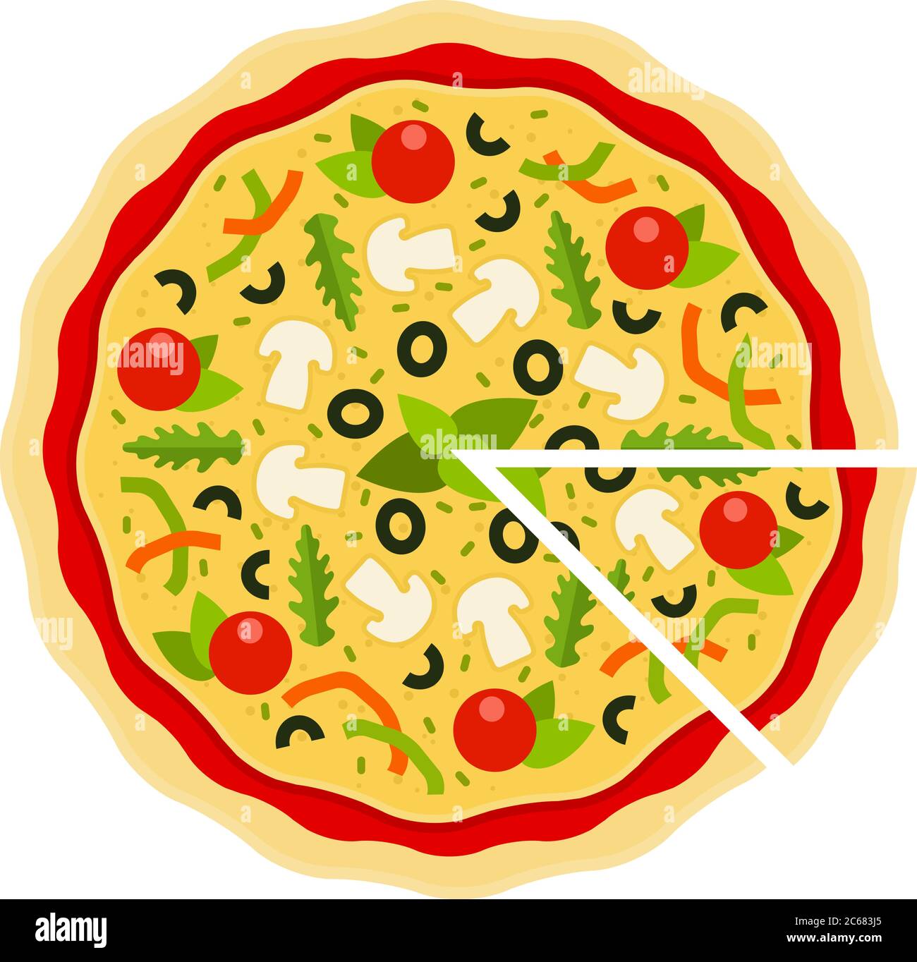 Pizza italiana con un pezzo triangolare tagliato vettore icona piatta isolato Illustrazione Vettoriale
