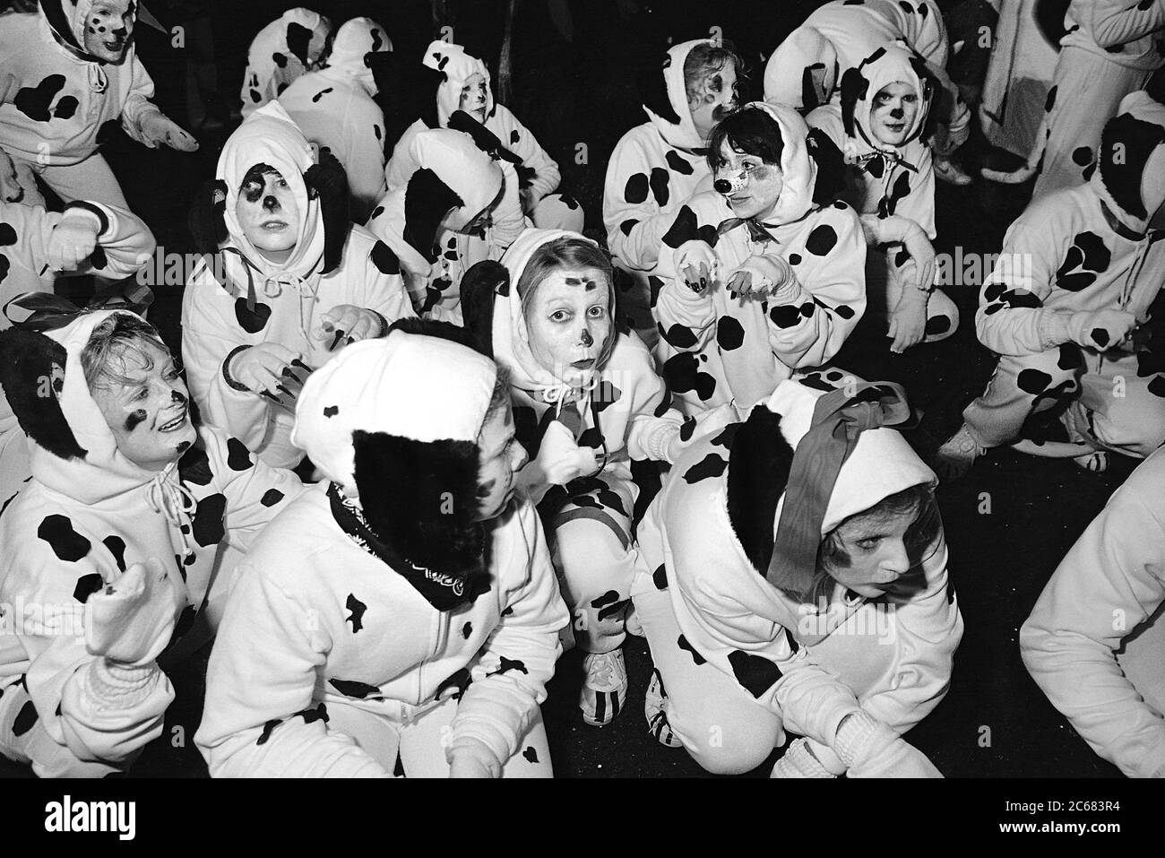 Dalmations al Greenwich Village Halloween Parade, New York City, USA negli anni '80 fotografato con film in bianco e nero di notte. Foto Stock