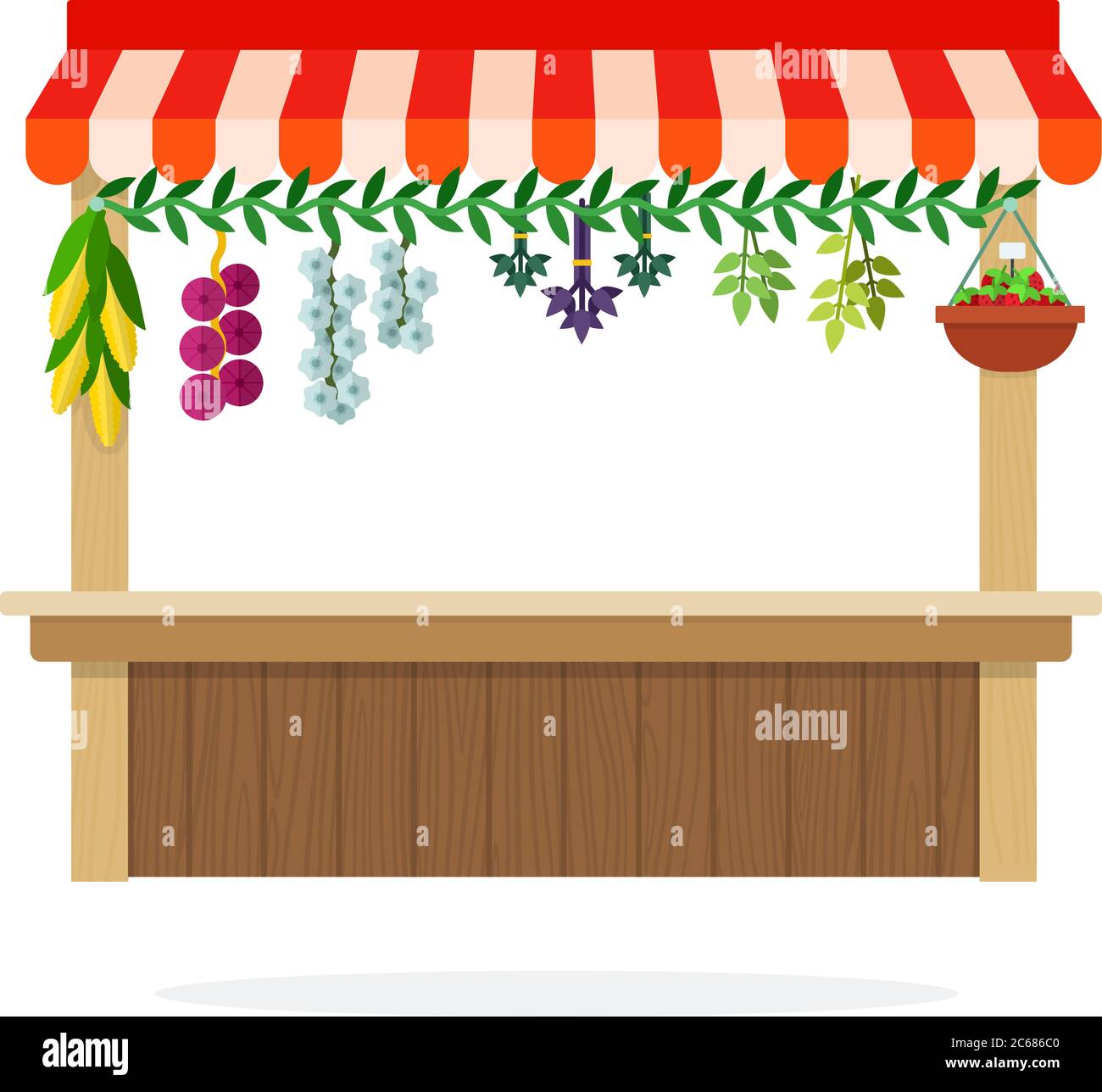 Bancone di chiosco vegetale con erbe in sospensione, cipolla e mais isolato Illustrazione Vettoriale