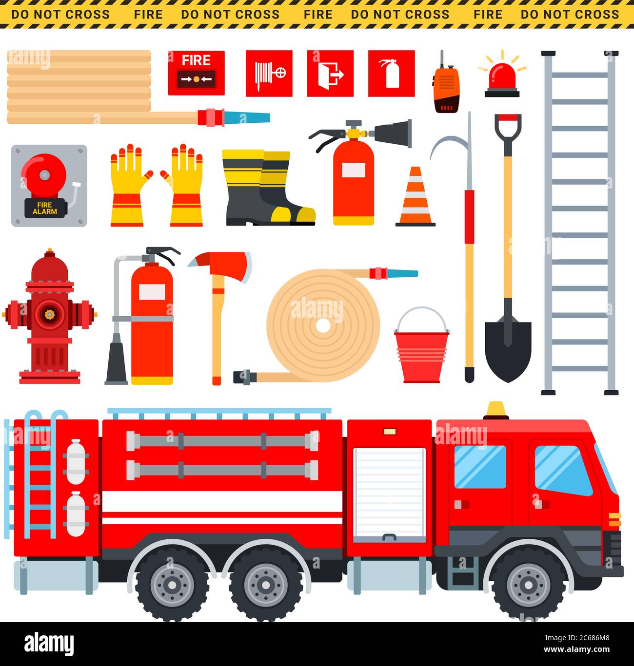 Serie di icone del pompiere vettore piatto Illustrazione Vettoriale