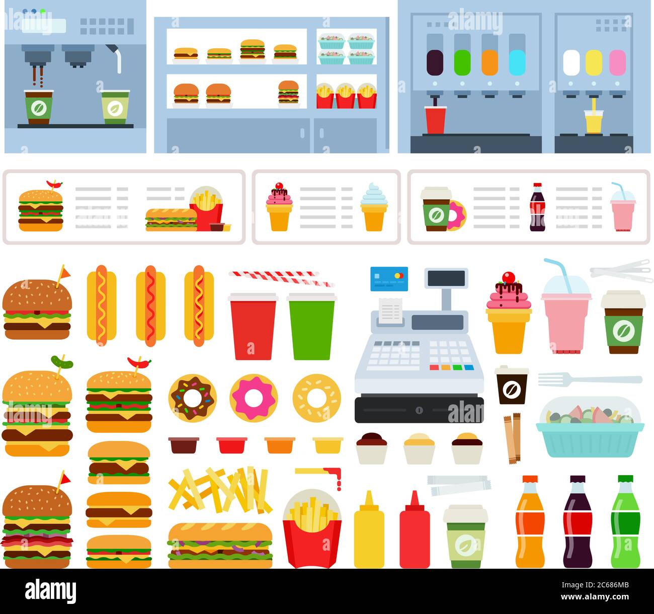 Set di icone della sala da pranzo vettore piatto Illustrazione Vettoriale