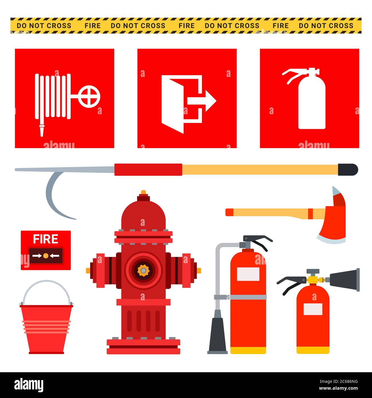 Set di attrezzature antincendio. Illustrazioni piatte vettoriali. Attrezzature antincendio. Illustrazione Vettoriale
