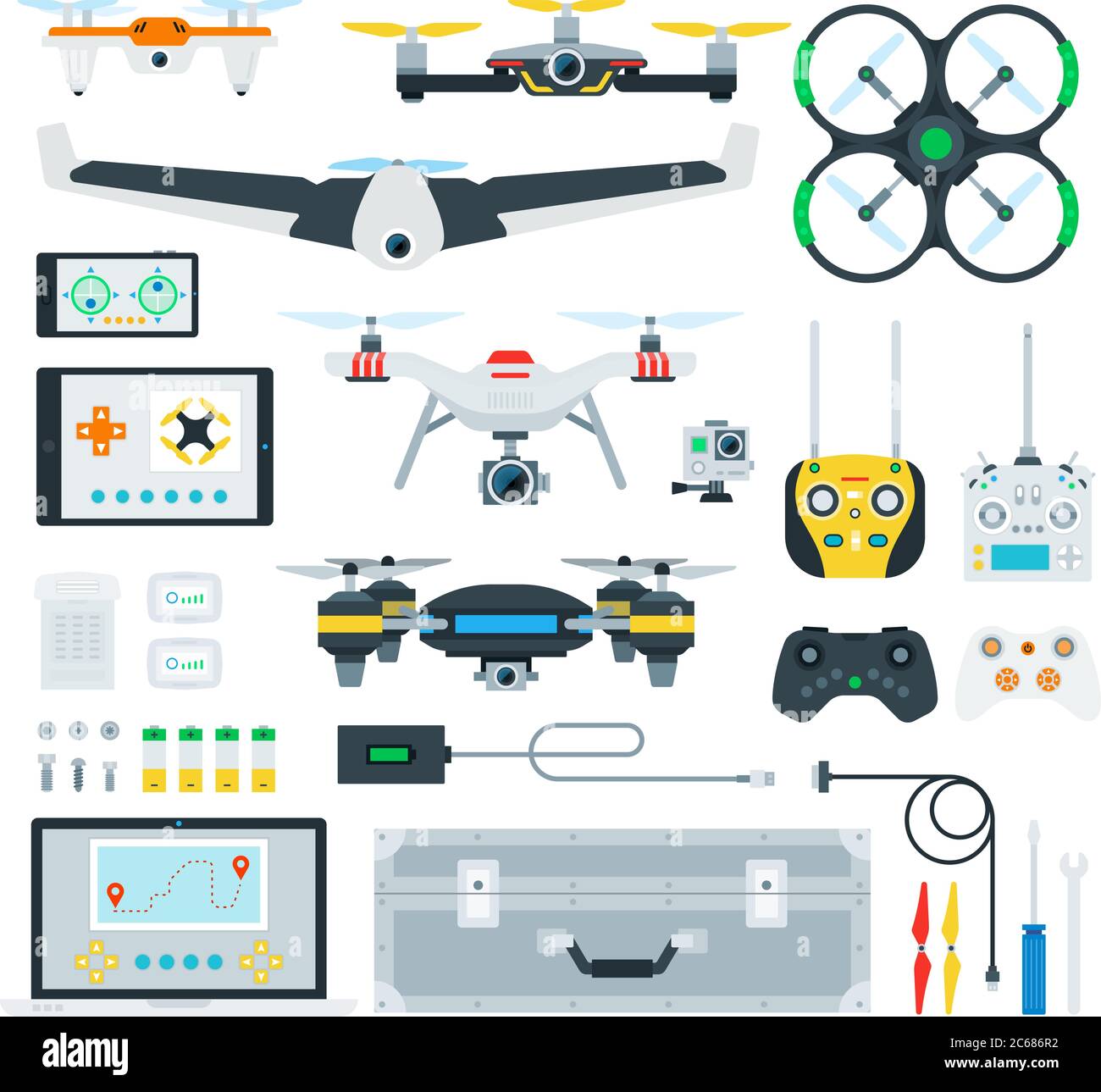 Set di illustrazioni vettoriali piatte Copter e Drone. Illustrazione Vettoriale