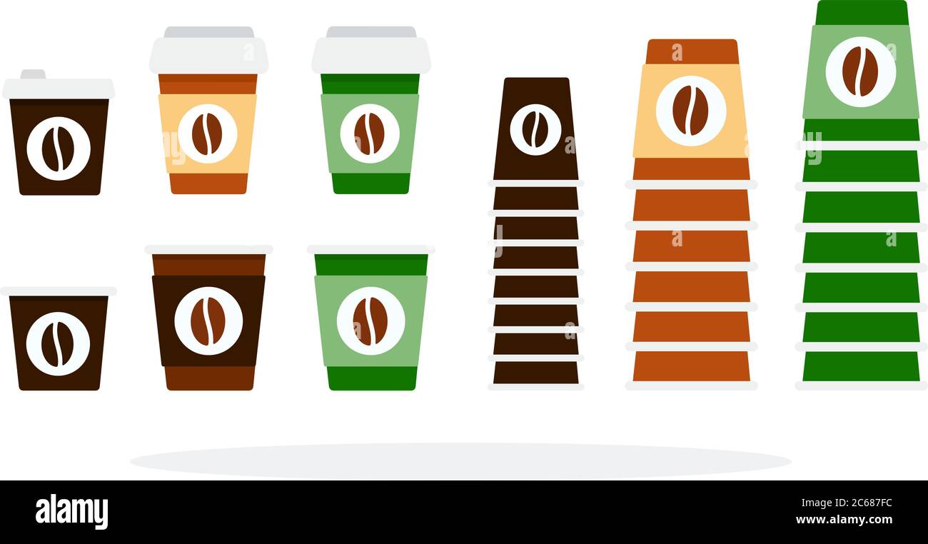 Tazze in plastica e carta di grandi e piccole dimensioni per caffè vettore piatto isolato Illustrazione Vettoriale