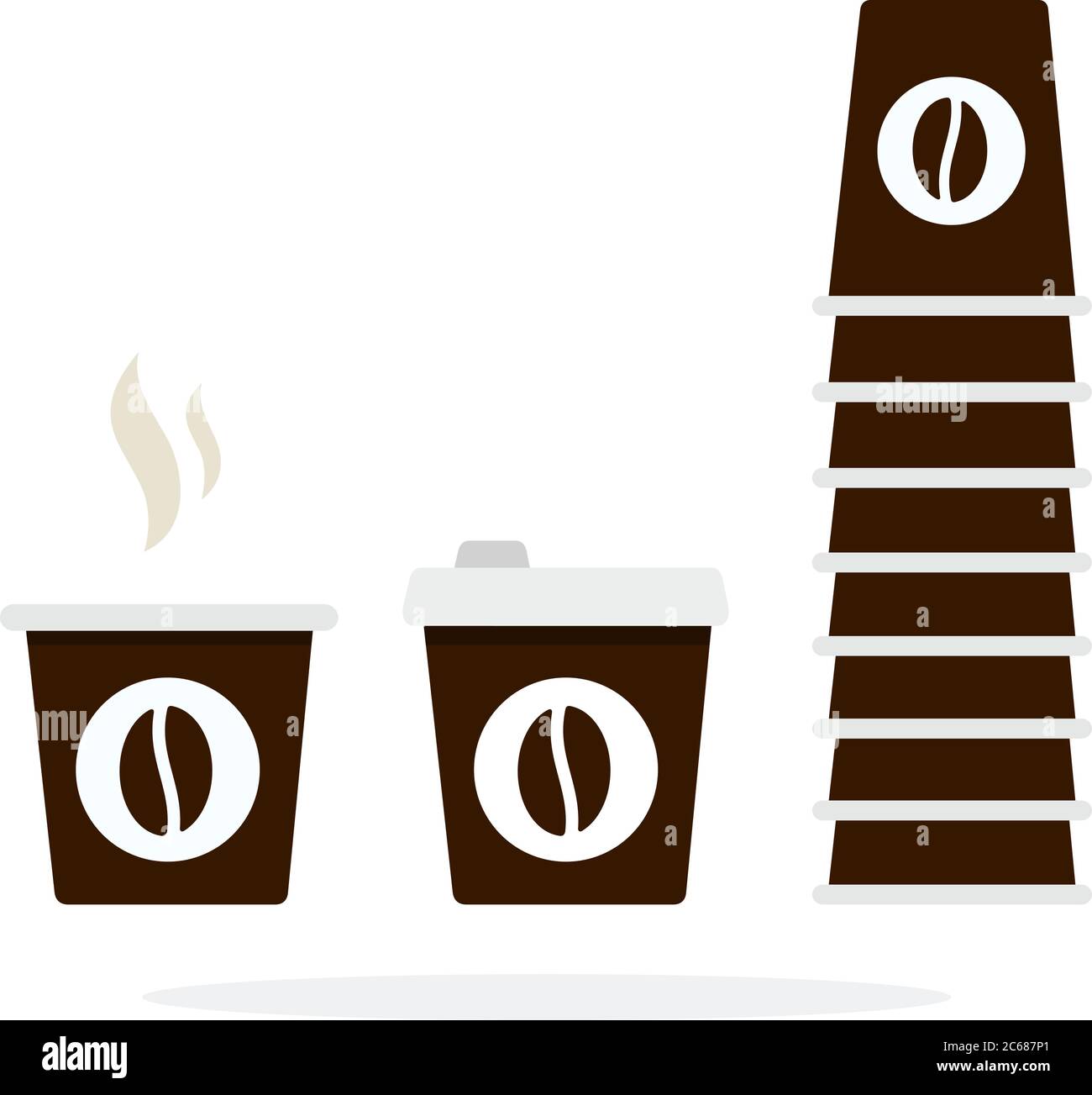 Torre di tazze da caffè monouso e tazza in plastica con vettore di fumo piatto isolato Illustrazione Vettoriale