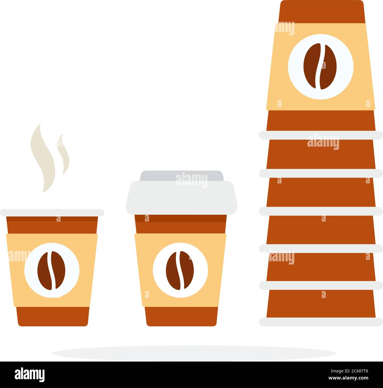 Torre di tazze da caffè monouso e tazza lunga in plastica con coperchio piatto isolato vettoriale Illustrazione Vettoriale