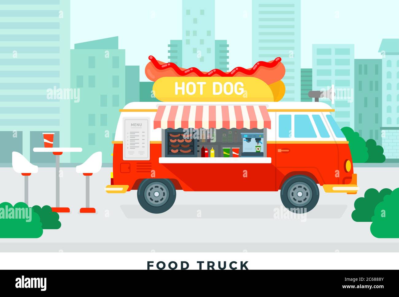 City Hot Dog cibo camion vettore piatto illustrazione. Illustrazione Vettoriale