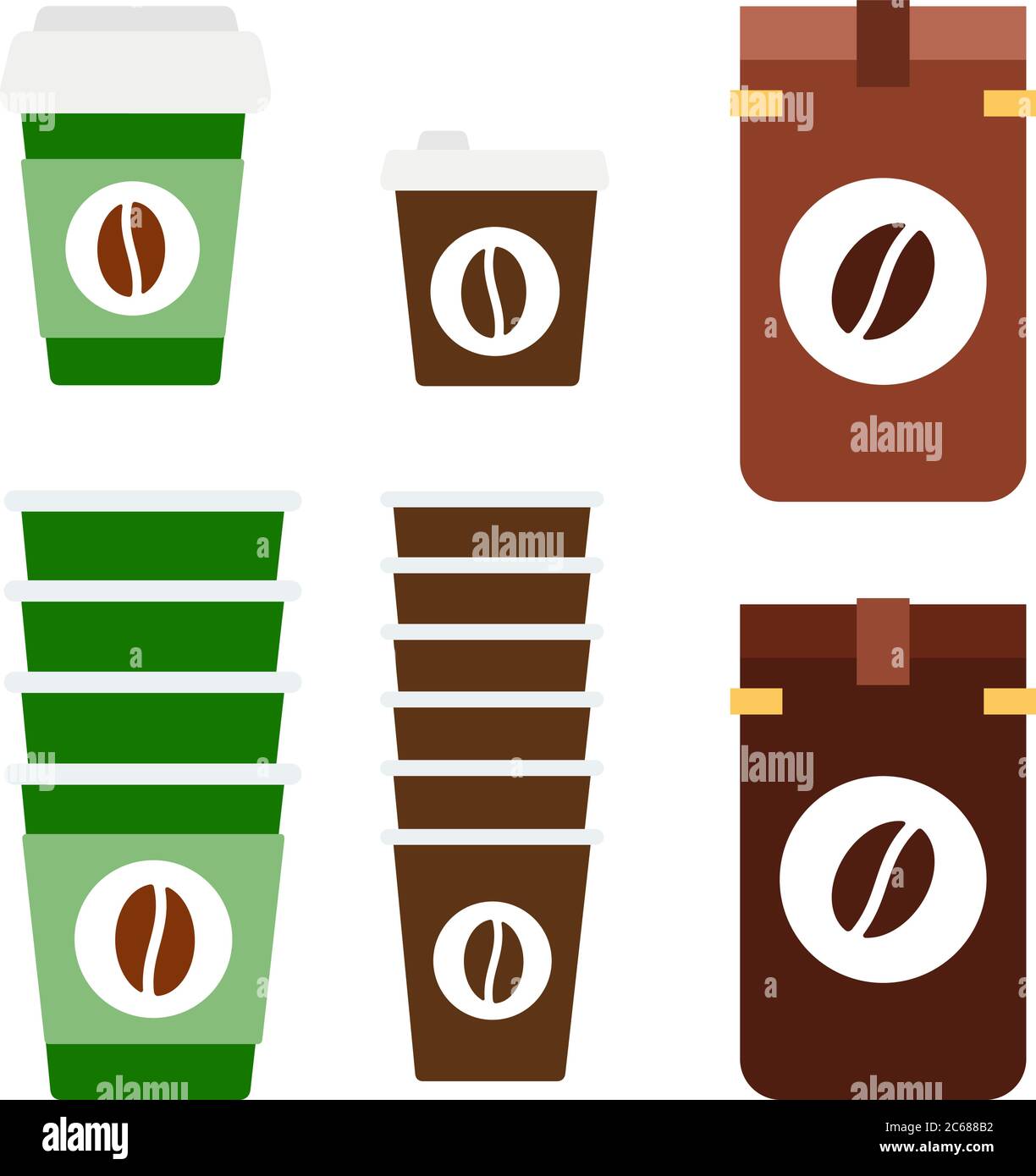 Caffè confezionato e tazze di carta vettoriale disegno di materiale piatto oggetto isolato su sfondo bianco. Illustrazione Vettoriale