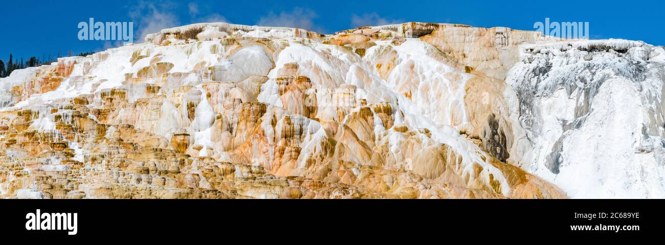 Vista della montagna, delle sorgenti termali delle Canarie, delle sorgenti termali di Mammoth, del parco nazionale di Yellowstone, della California, Stati Uniti Foto Stock