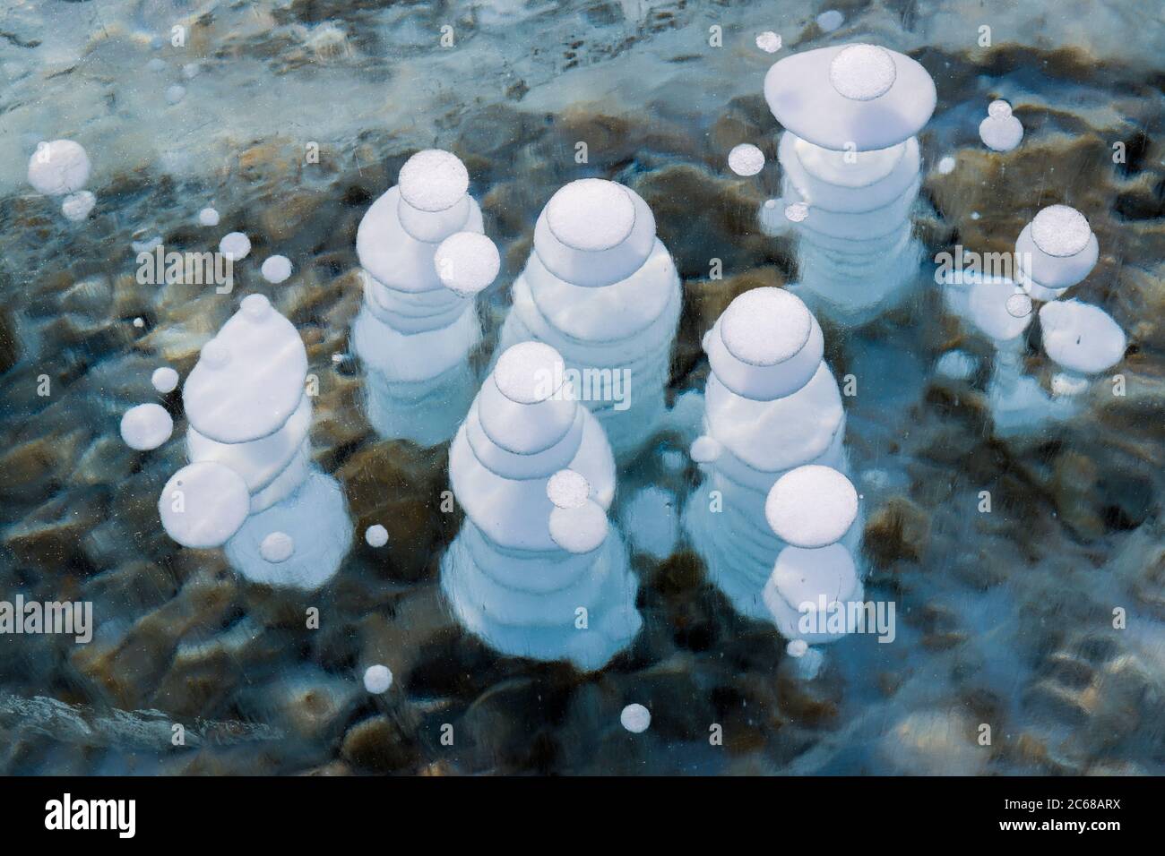 Modello di bolla nel ghiaccio di metà inverno, lago Abraham, Alberta, Canada Foto Stock