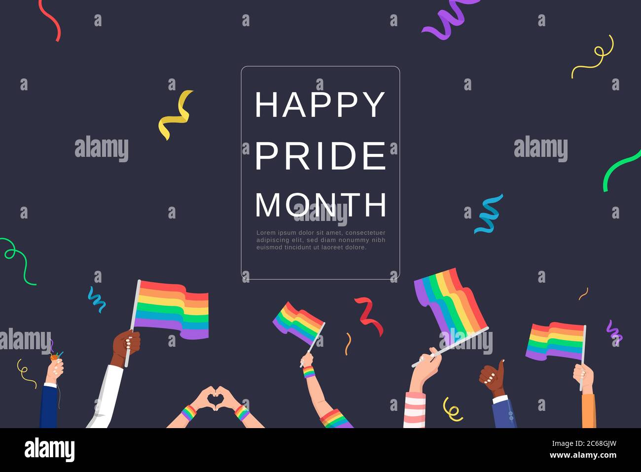 LGBTQ sfondo con le mani che sventolano bandiere arcobaleno che celebrano il mese dell'orgoglio Illustrazione Vettoriale