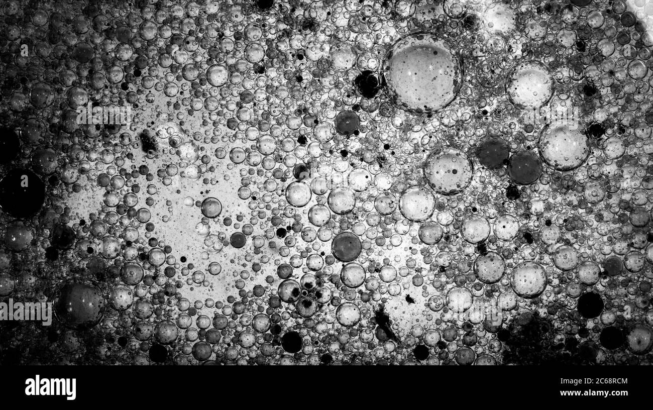 Bolle d'olio nell'acqua. Colori bianco e nero. Foto Stock